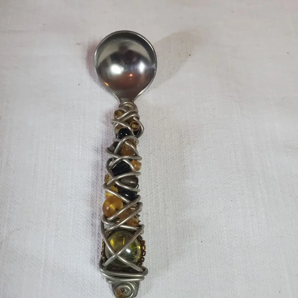 Vintage Wire Wrapped Amber Bead Charcuterie Appetizer Set Serving Knife Spoons